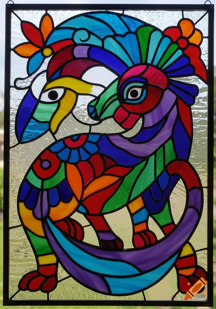 A vibrant, colorful stained glass panel depicting a fantastical alebrije creature inspired by Oaxacan folk art, with bold black outlines.