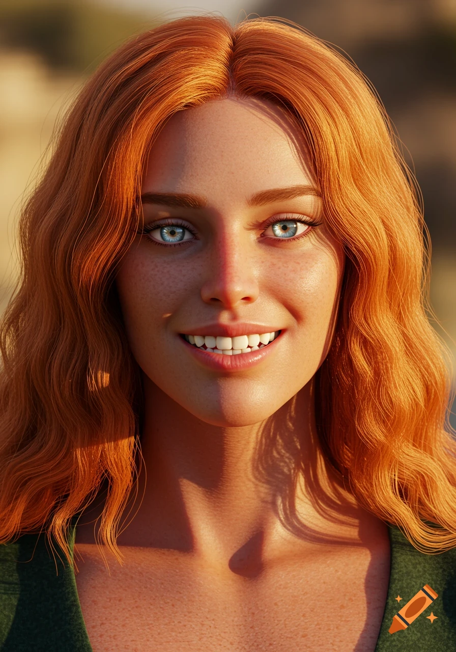 A close-up, photorealistic portrait of a smiling woman with long wavy red hair, blue eyes, and freckles.