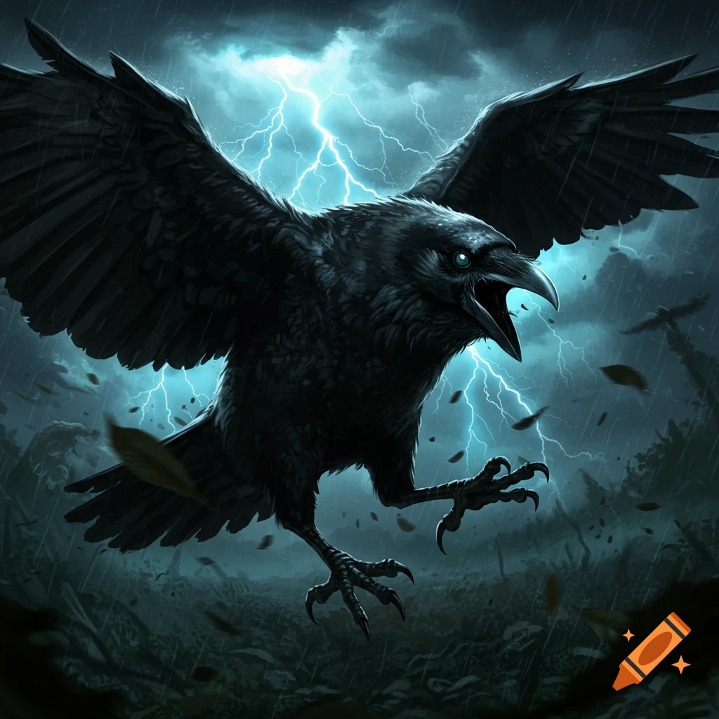 A menacing black crow with bright blue eyes and outstretched wings, illuminated by lightning in a dark, stormy, rainy sky.