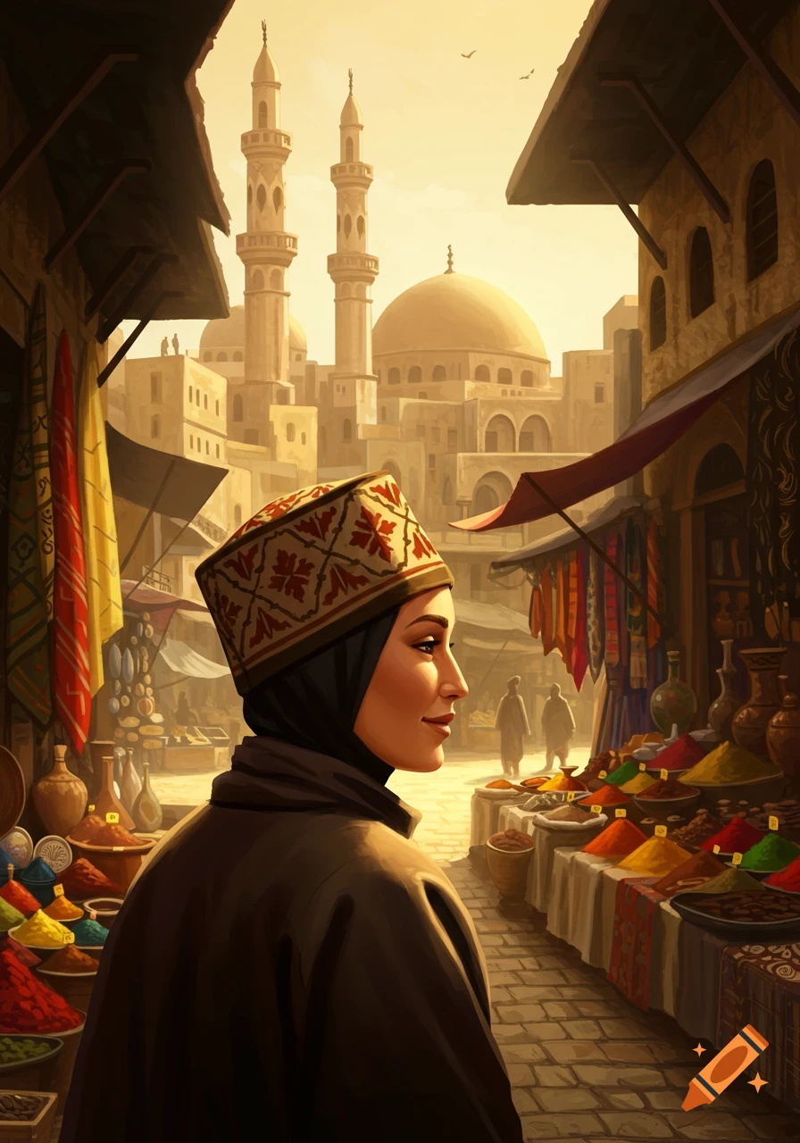 A woman in a traditional hat and hijab in a bustling Middle Eastern market with spices, facing mosques at sunset.