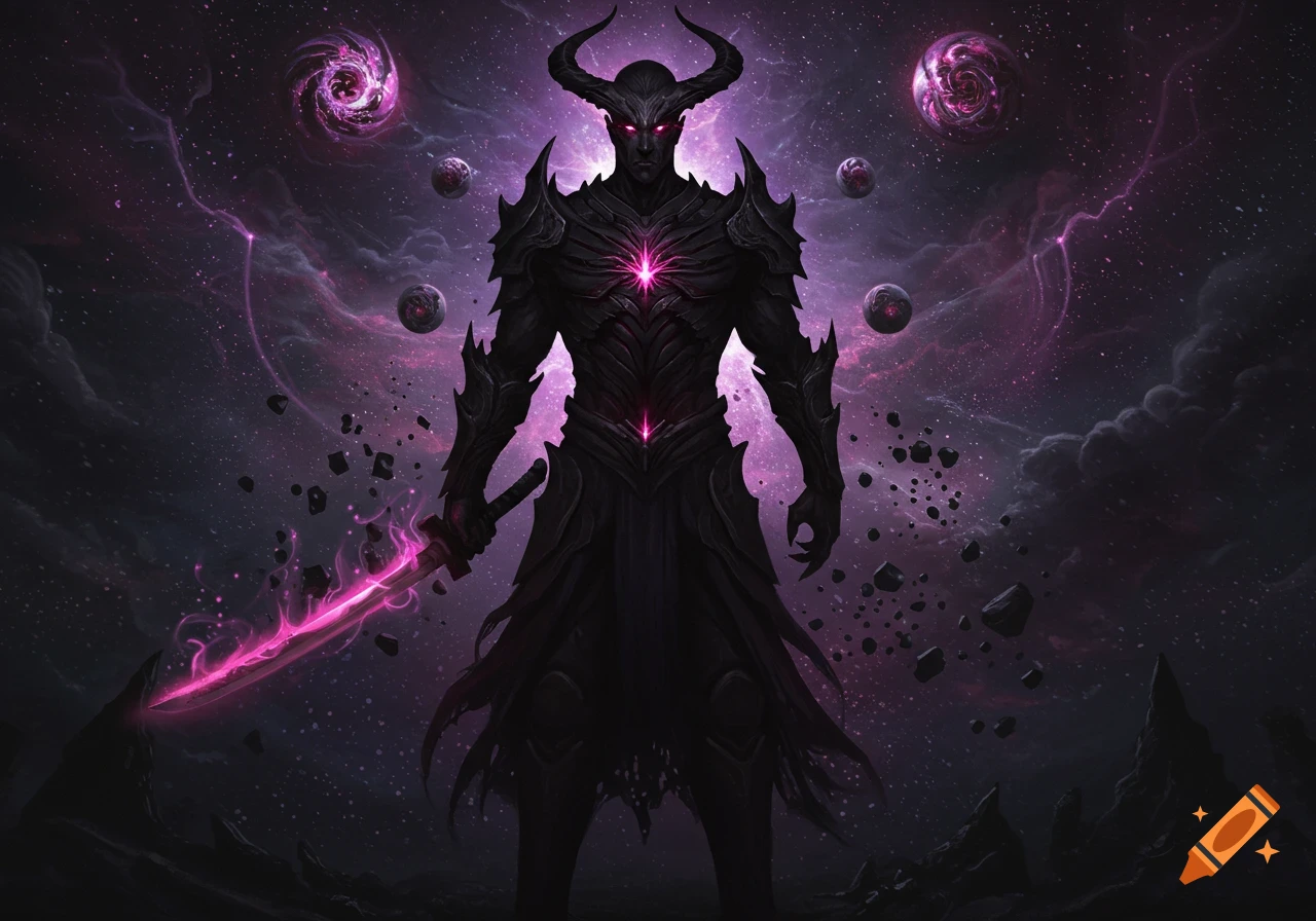 A dark horned armored demon stands in space holding a glowing pink katana, surrounded by cosmic dust and swirling orbs.