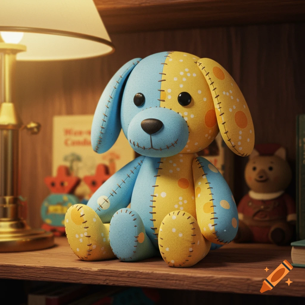 A close-up of a blue and yellow patchwork stuffed dog with black button eyes sitting on a wooden shelf next to a lamp and books.