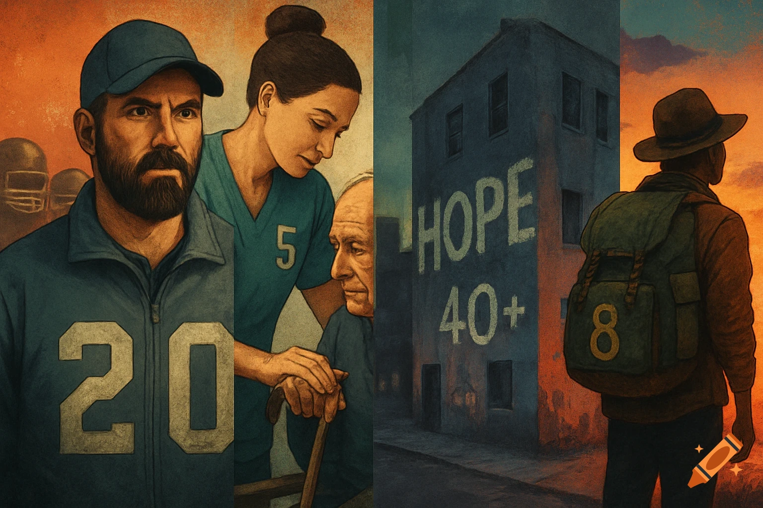 Four stylized rectangular panels: a football coach with '20', a caregiver and an old man with '5', a city building with 'HOPE 40+', and a traveler with '8' on a backpack.