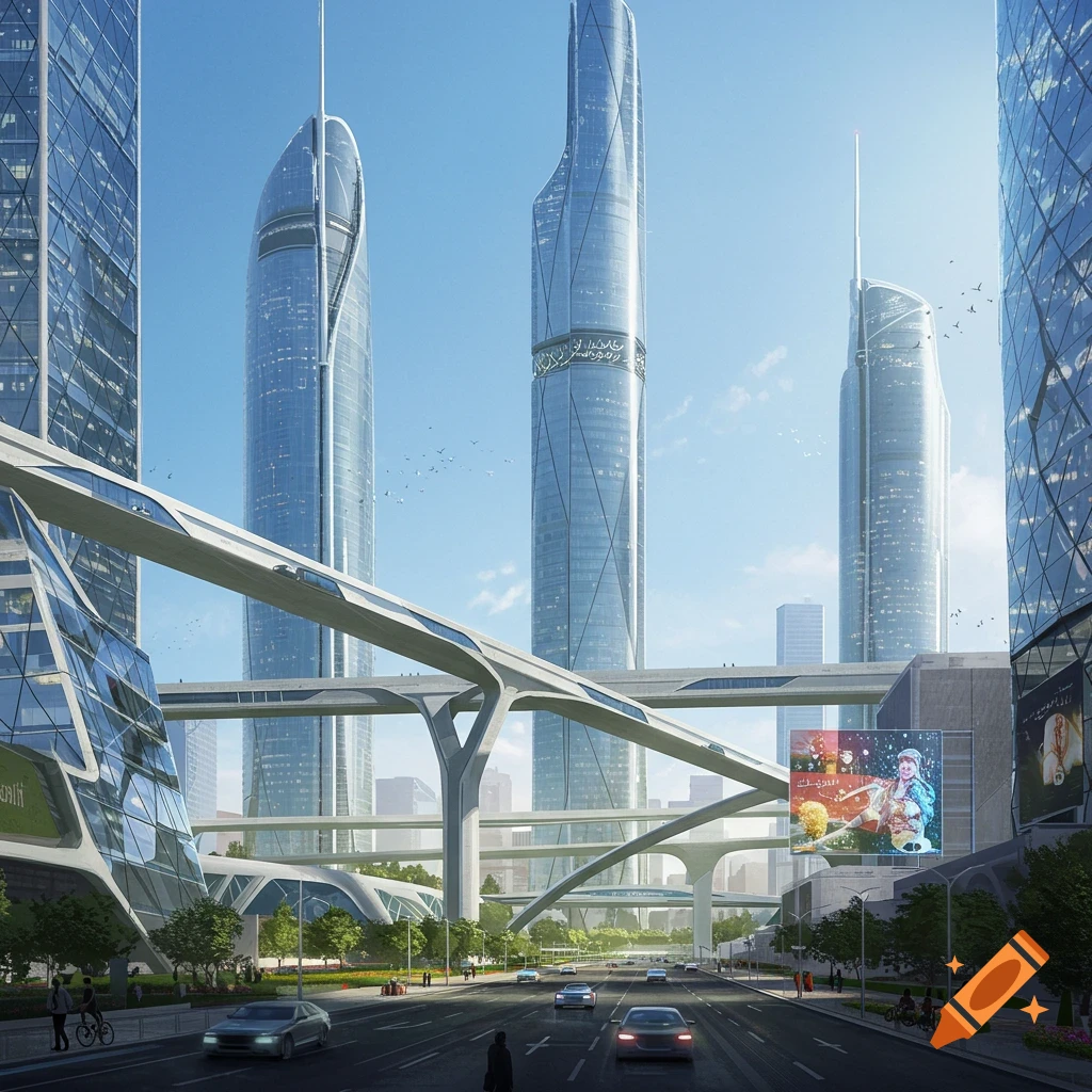 A towering futuristic city with sleek skyscrapers, elevated pedestrian bridges, and busy roads under a clear sky.