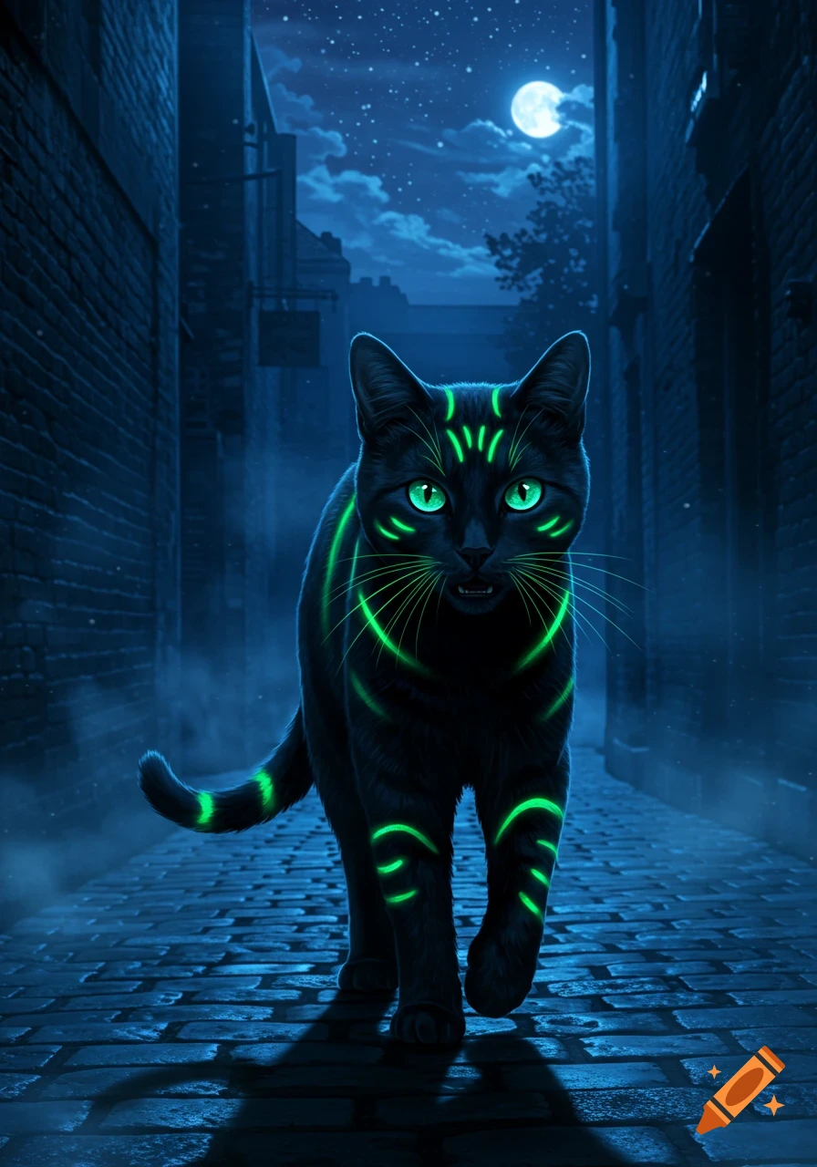 A black cat with glowing green eyes and stripes walks through a dark, moonlit alley at night, fantasy art style.