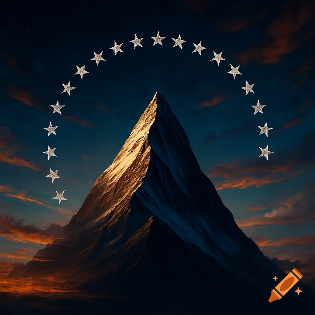 A majestic mountain peak bathed in golden light with an arch of stars overhead against a dramatic sky.