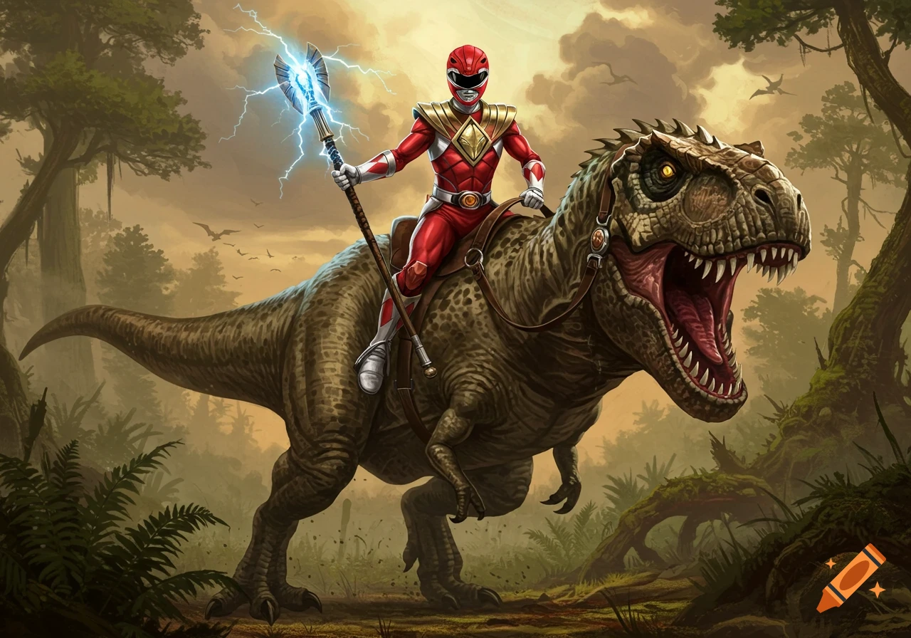 Red Power Ranger riding a Tyrannosaurus Rex through a lush, prehistoric jungle, holding a lightning staff.