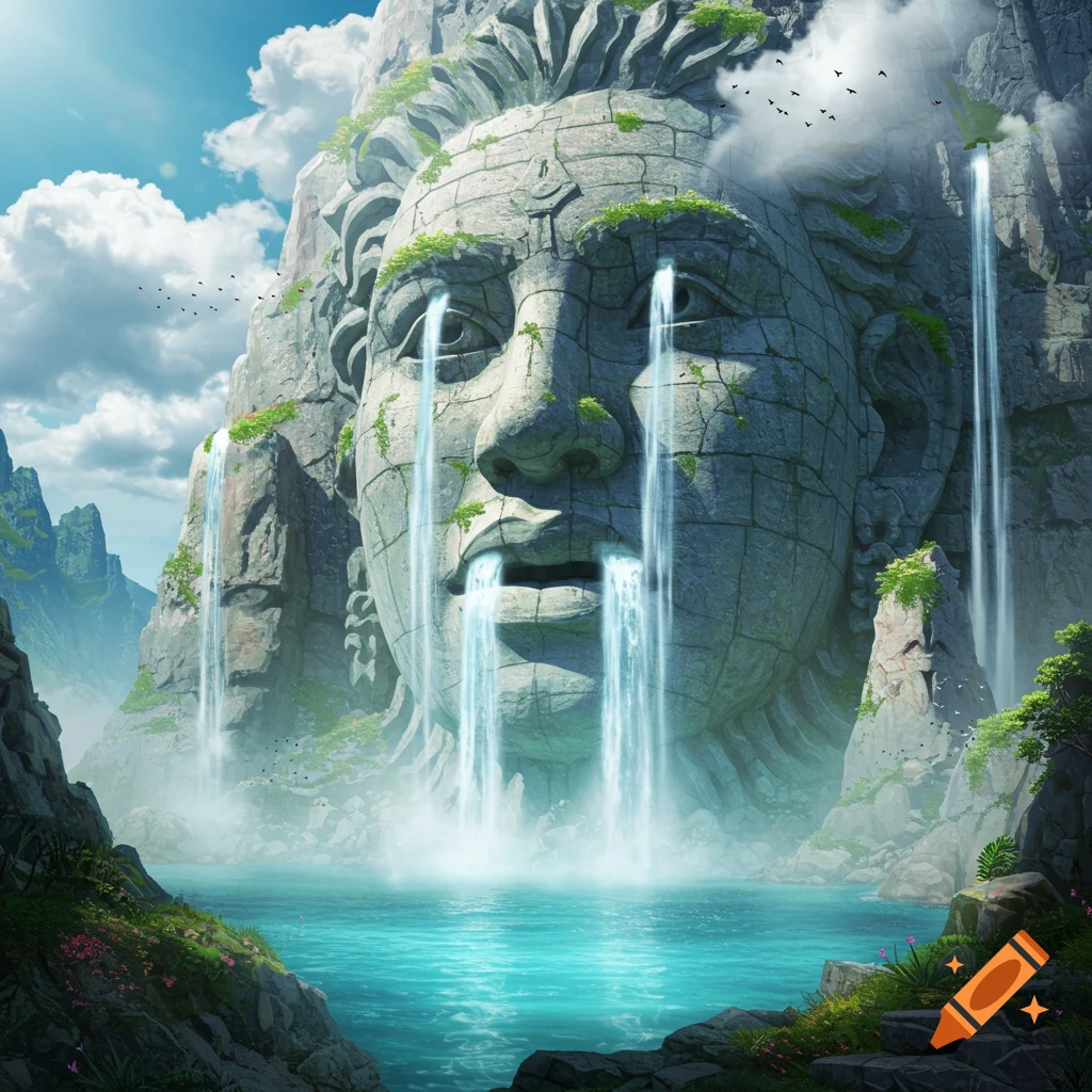 A colossal stone face mountain with waterfalls streaming from its eyes and mouth into a vibrant turquoise lake, surrounded by lush landscape.
