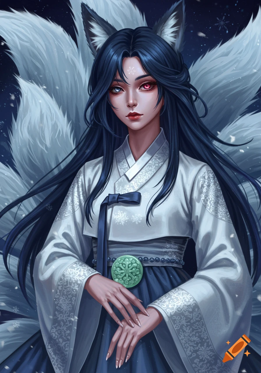 Anime-style fox spirit with long dark hair, heterochromatic eyes, wearing a white hanbok with snowflake embroidery, and multiple white tails.