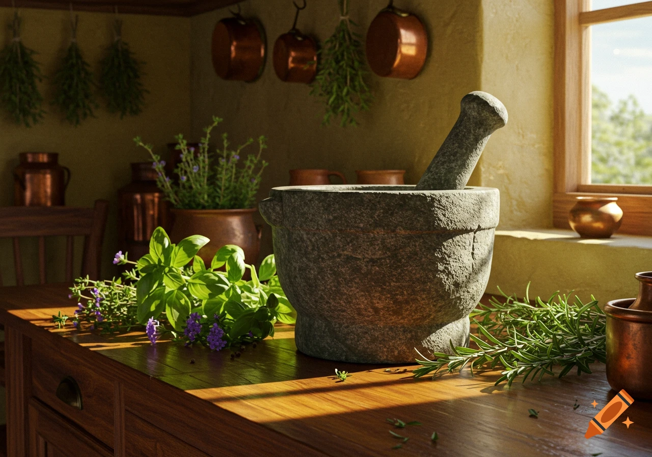 Photorealistic image of a stone mortar and pestle with fresh herbs like basil, rosemary, and thyme on a sunlit wooden kitchen counter, with copper pots in the background.