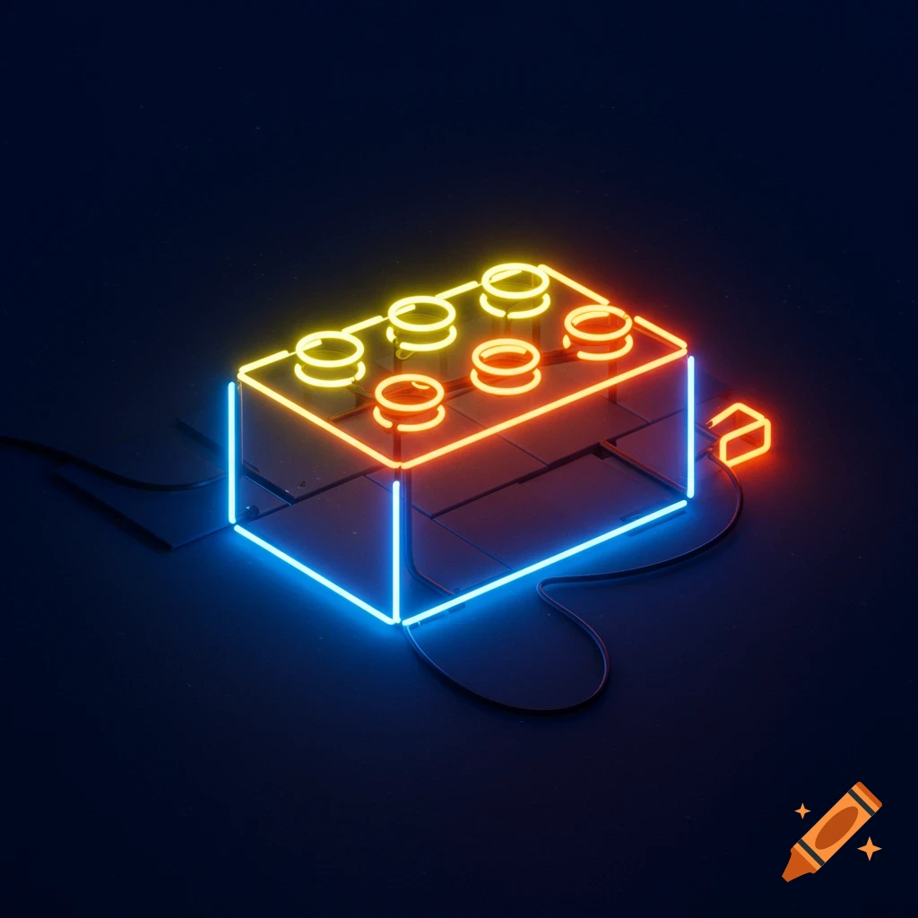 A neon-outlined Lego brick glowing blue and orange on a dark background, with electrical wires.