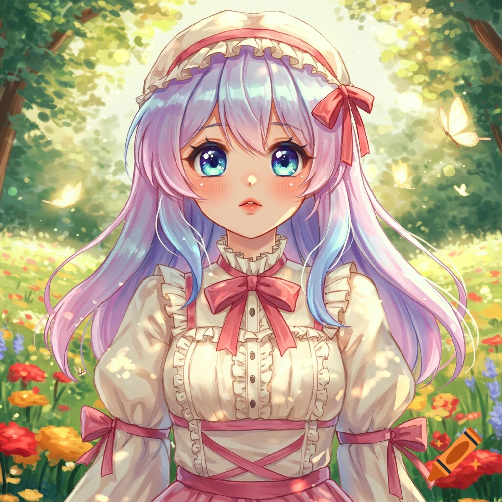 A cute anime girl with long pastel purple and blue hair, wearing a ruffled cream dress and pink bows, stands in a vibrant flower field with butterflies.