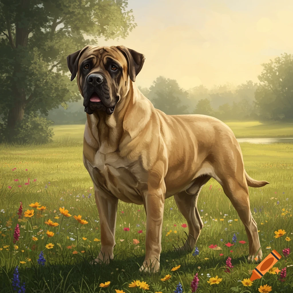 A large, fawn-colored Mastiff dog with a black muzzle stands in a sunny, green meadow filled with colorful wildflowers, with trees and a lake in the background, in a painterly illustration style.