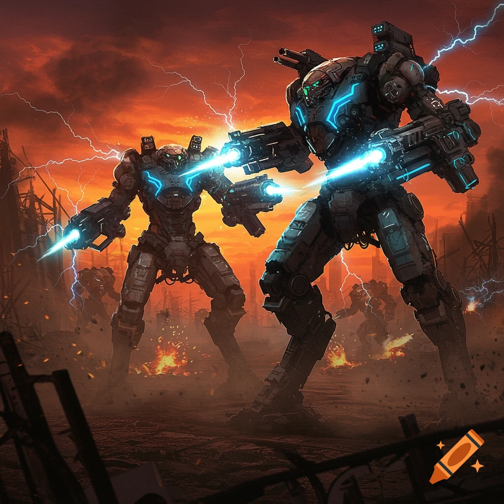 Two large, heavily armed robots battle, firing blue energy beams in a fiery, lightning-filled destroyed cityscape.