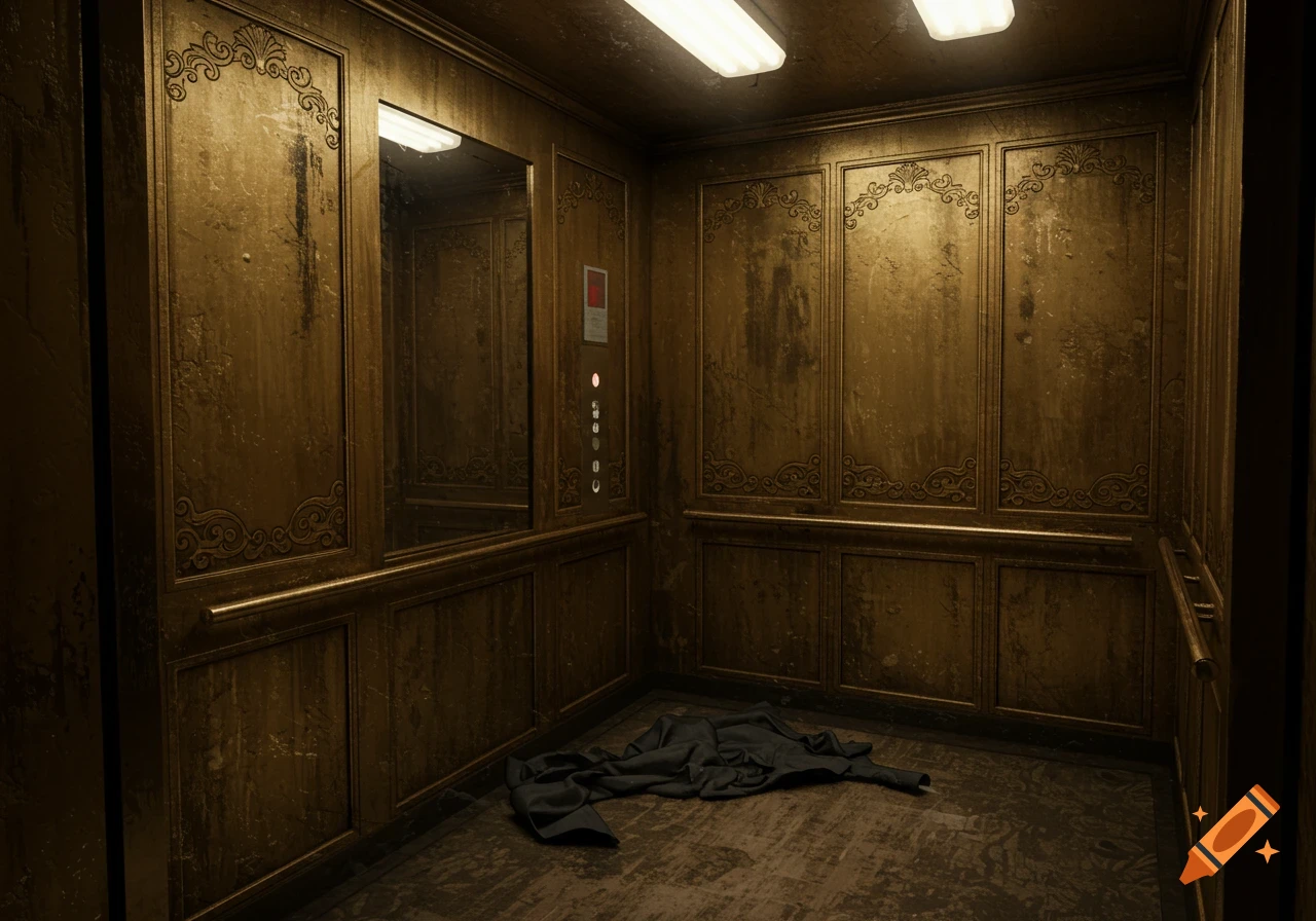 A dirty, dimly lit elevator interior with a mirror, tarnished gold-colored walls, and a crumpled dark jacket on the floor.