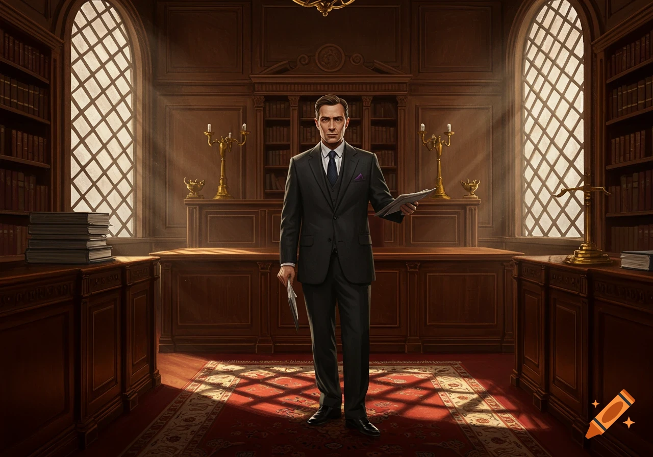 A man in a dark suit stands in a grand, wood-paneled office with large arched windows, holding papers.