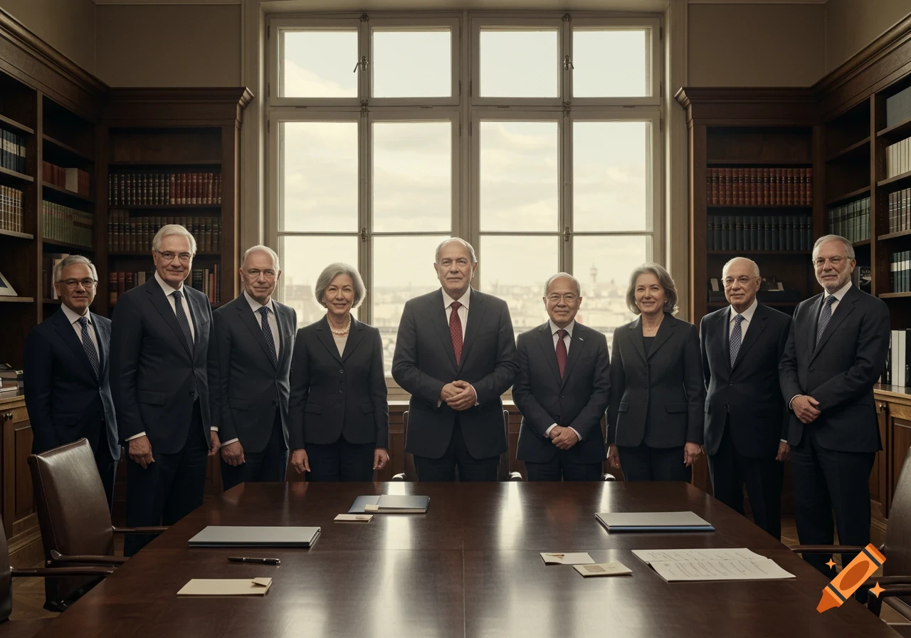 Formal group portrait of nine adults, seven men and two women, in a wood-paneled conference room.