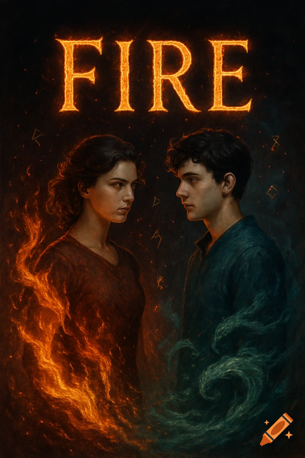 A woman wreathed in fire looks at a man wreathed in mist, with the glowing word 'FIRE' above them, in a dark, mystical style.