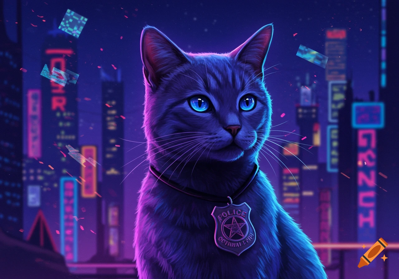 A gray cat with glowing blue eyes wears a police badge on a collar, standing against a neon cyberpunk city background.