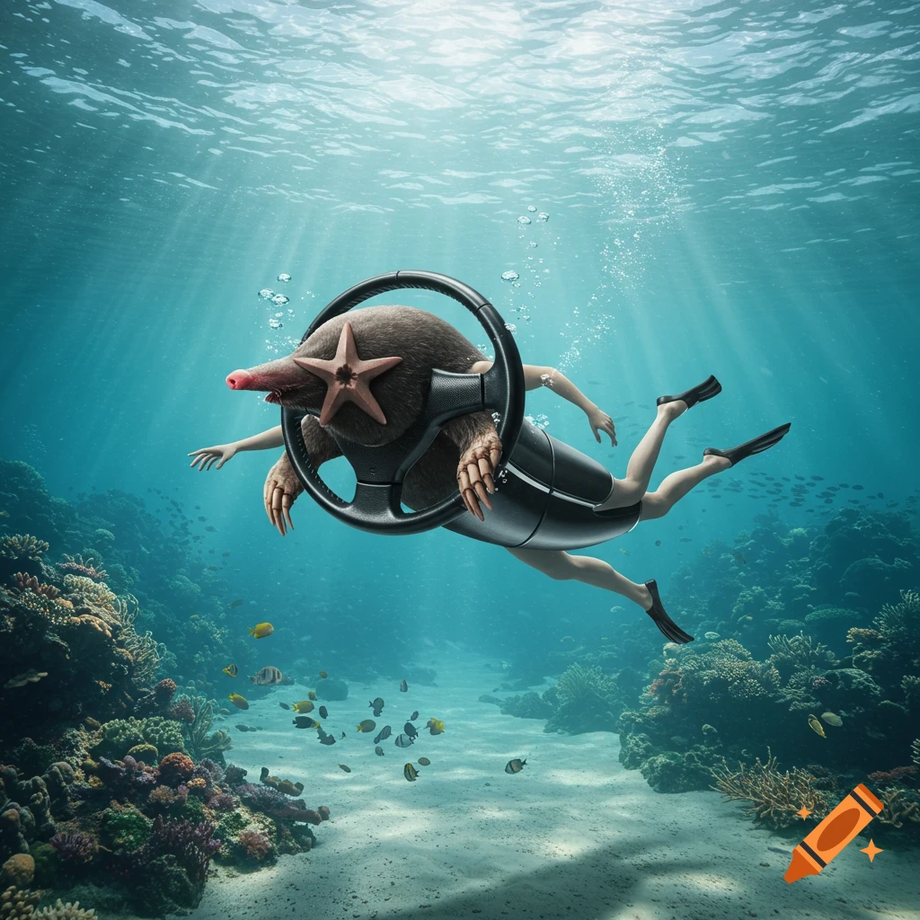 A photorealistic star-nosed mole with a steering wheel body and human limbs swims underwater in a coral reef.