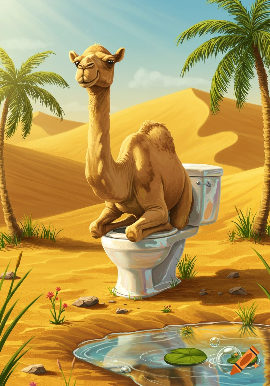 Cartoon illustration of a smiling camel sitting on a white toilet in a sunny desert with palm trees and a small pond.