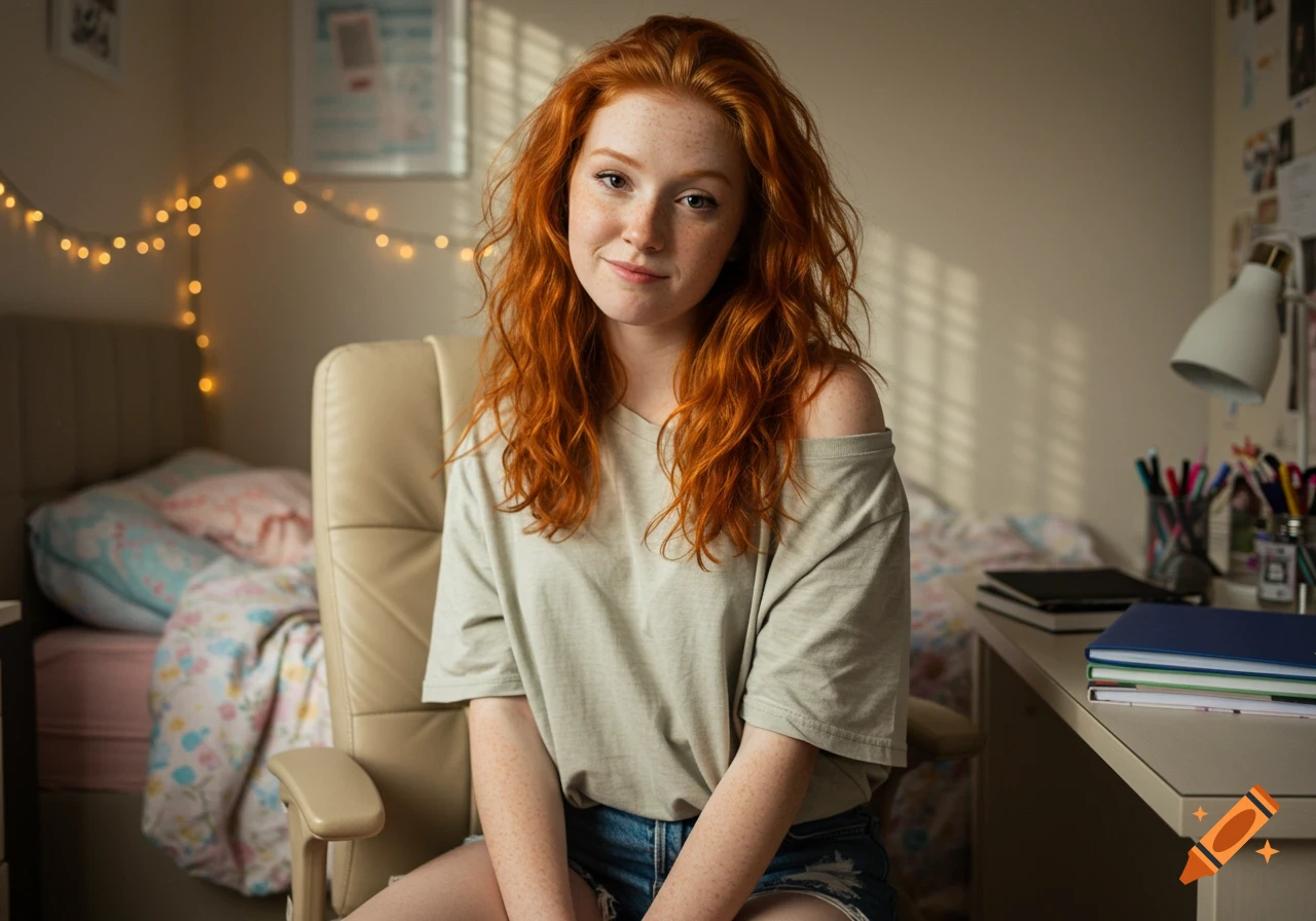 Coy redhead with messy hair and freckles sitting in a desk chair in a cozy bedroom, wearing a t-shirt and cutoff shorts.