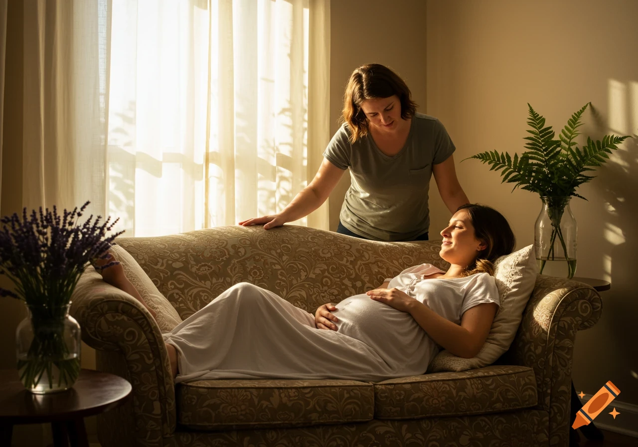 A pregnant woman rests on a couch, holding her belly, while a supportive woman stands over her. Photorealistic.