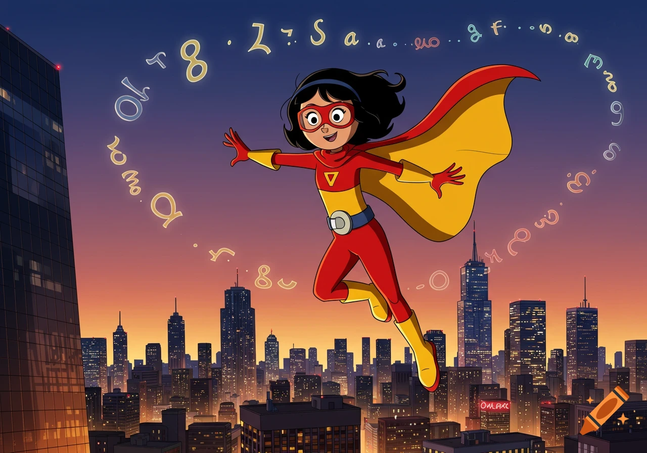 Cartoon superhero girl with a red and yellow suit and cape flies over a cityscape at sunset, surrounded by glowing numbers and letters.