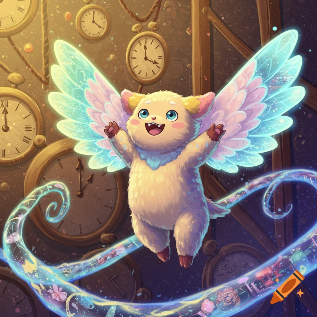 A fluffy, winged, creature with glowing blue wings and large blue eyes flies joyfully amidst numerous old clocks and an ethereal, glowing ribbon.