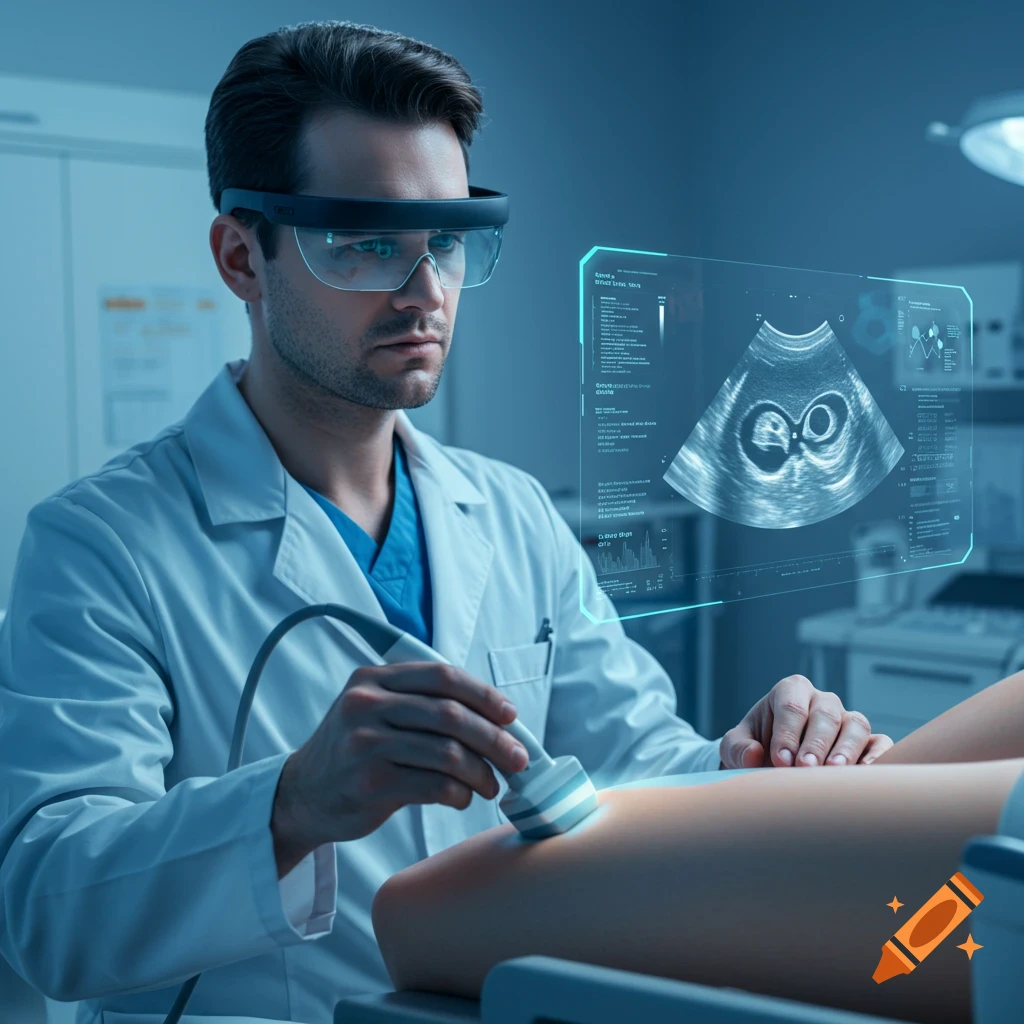 A photorealistic image of a male doctor in a white coat performing an ultrasound with AR glasses, viewing a holographic display showing a fetal ultrasound.