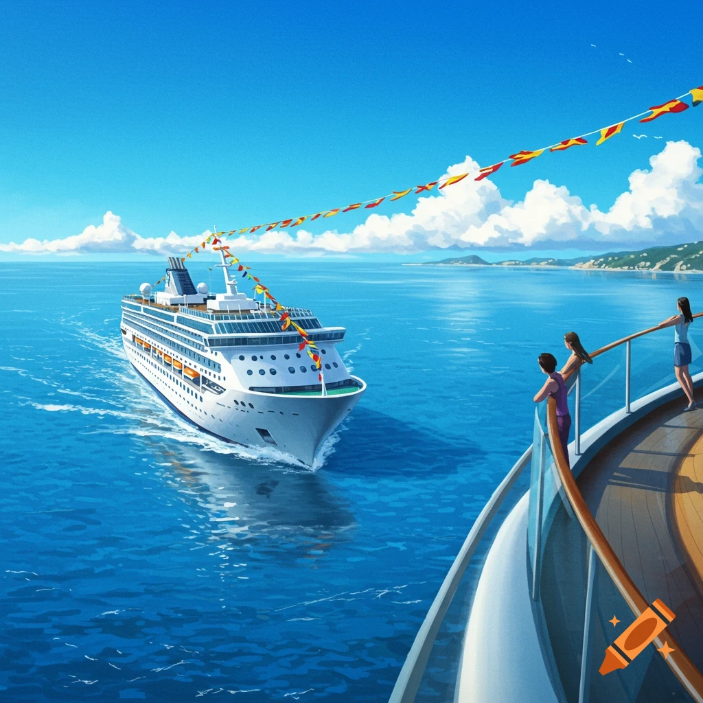 A stylized illustration shows a white cruise ship on a blue ocean, with people on another deck watching it under a clear sky.