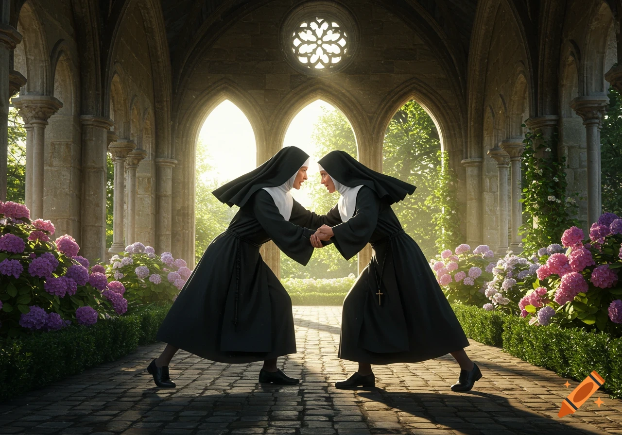 Two nuns in habits face each other in a wrestling stance in a sunlit stone cloister garden with pink and purple hydrangeas.