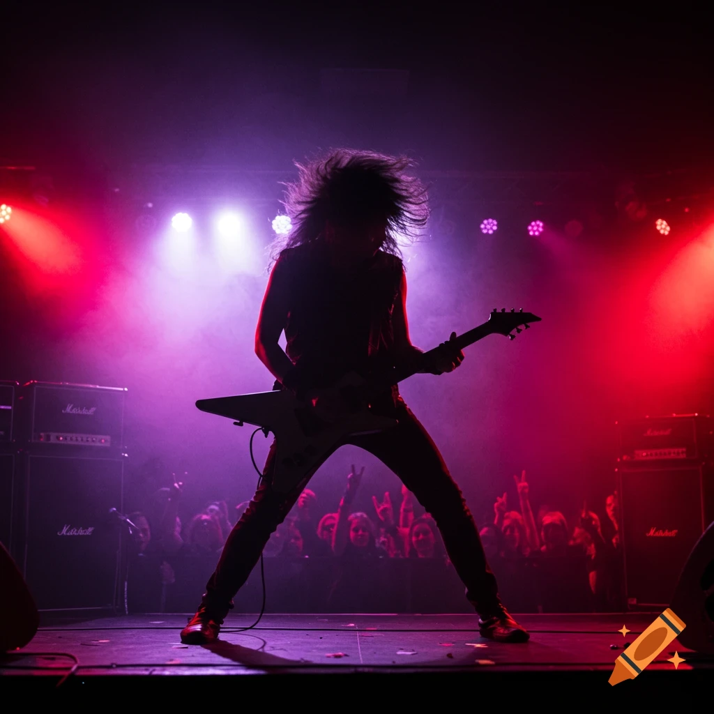 Silhouette of a metal guitarist with long hair headbanging on a stage with dramatic red and purple lighting.