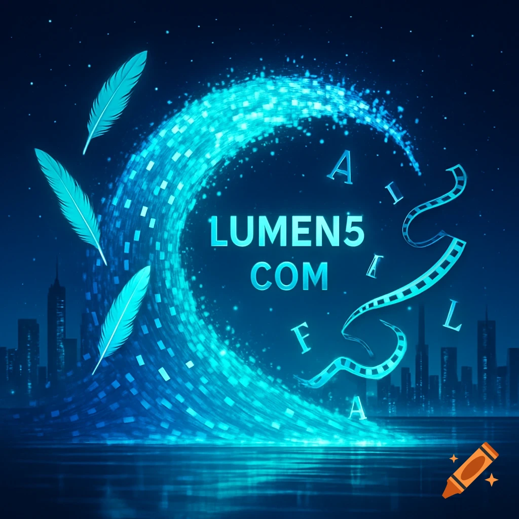 Glowing blue digital art with 'LUMEN5 COM' text in a swirling wave, featuring feathers, abstract letters, film strips, and a distant cityscape.