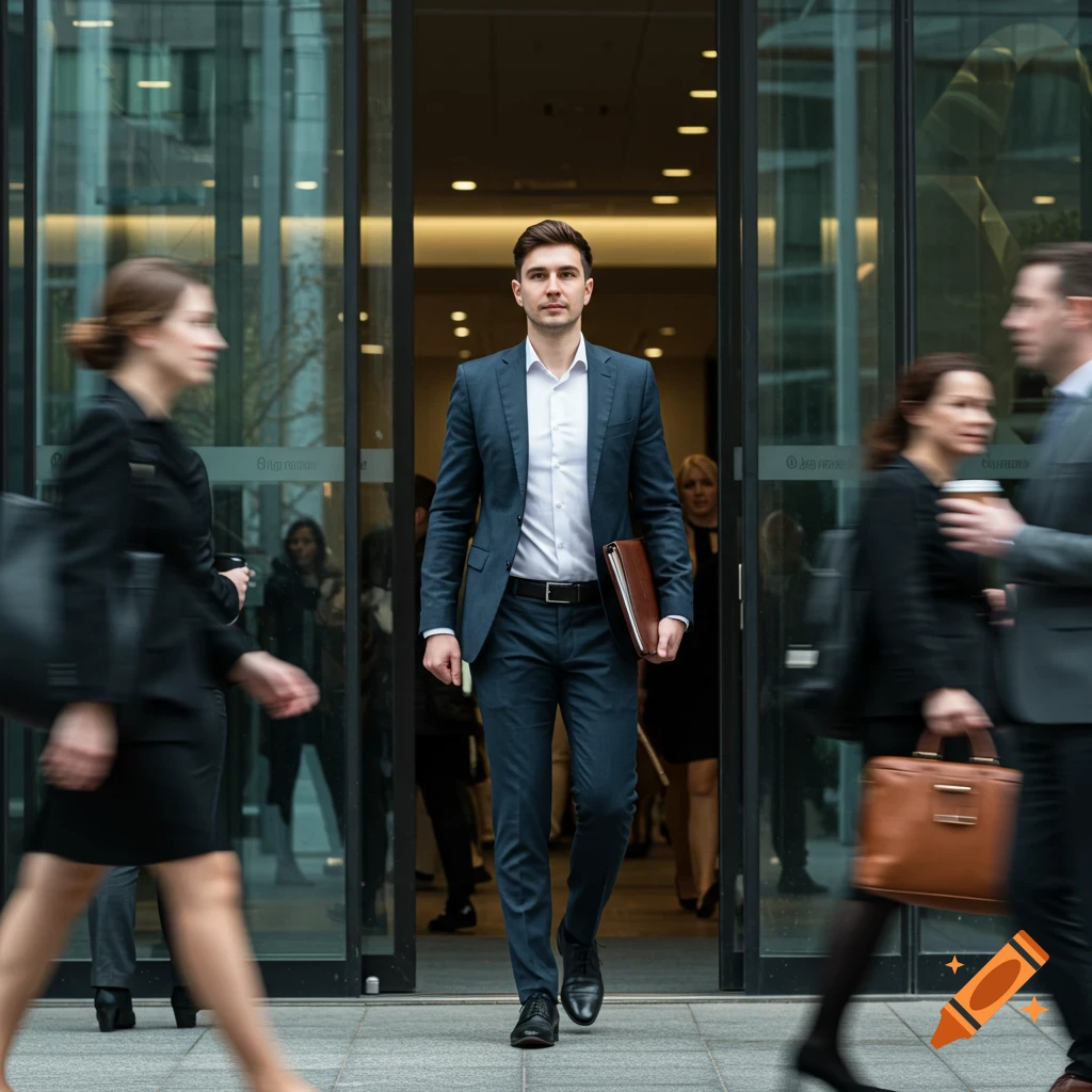 A sharply dressed man in a dark suit exits a modern glass building, surrounded by motion-blurred people, in a photorealistic style.