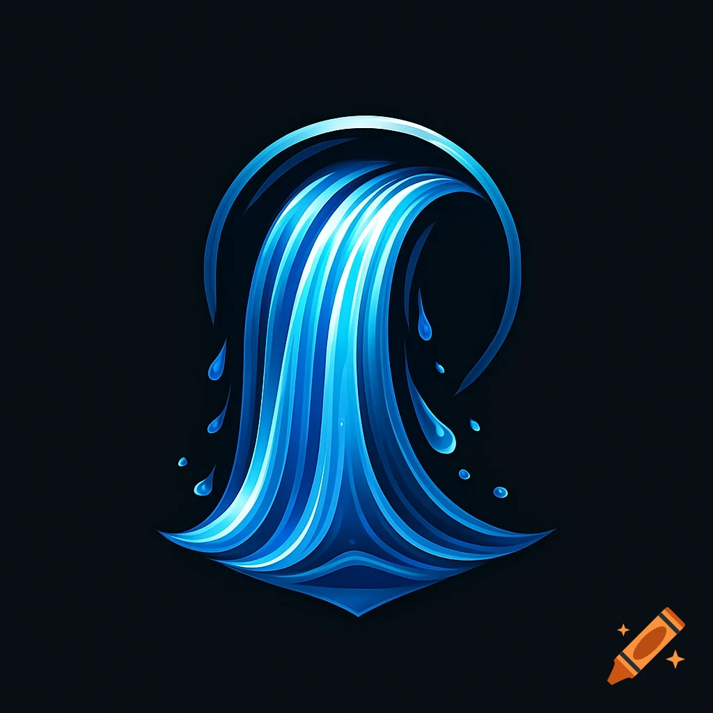 Stylized blue waterfall logo with dark background.