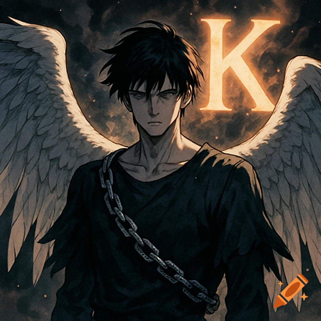 An anime-style male angel with dark hair, large white wings, and a chain around his torso, standing against a dark sky with a glowing letter 'K' behind him.