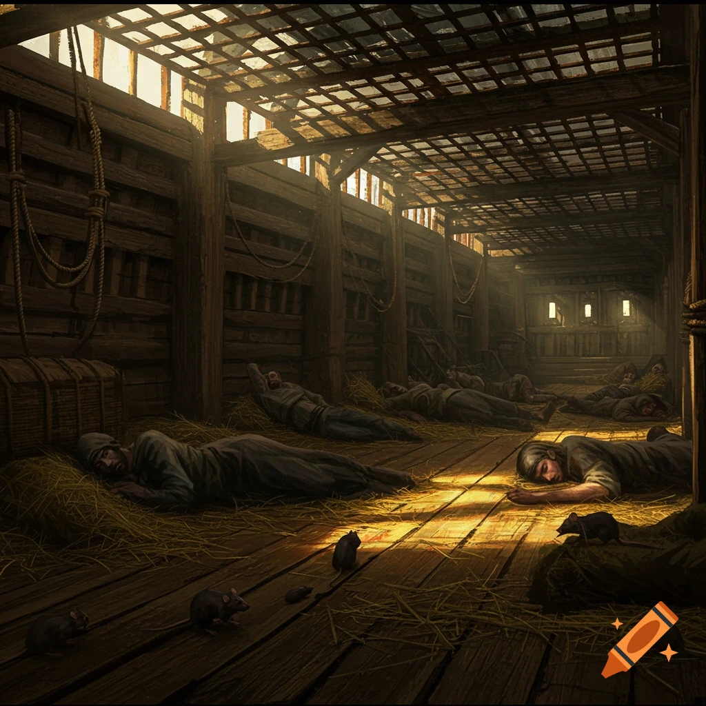 People lie on straw in a dimly lit wooden ship's hold, with rats visible on the floor, sunlight streaming through a ceiling grating.