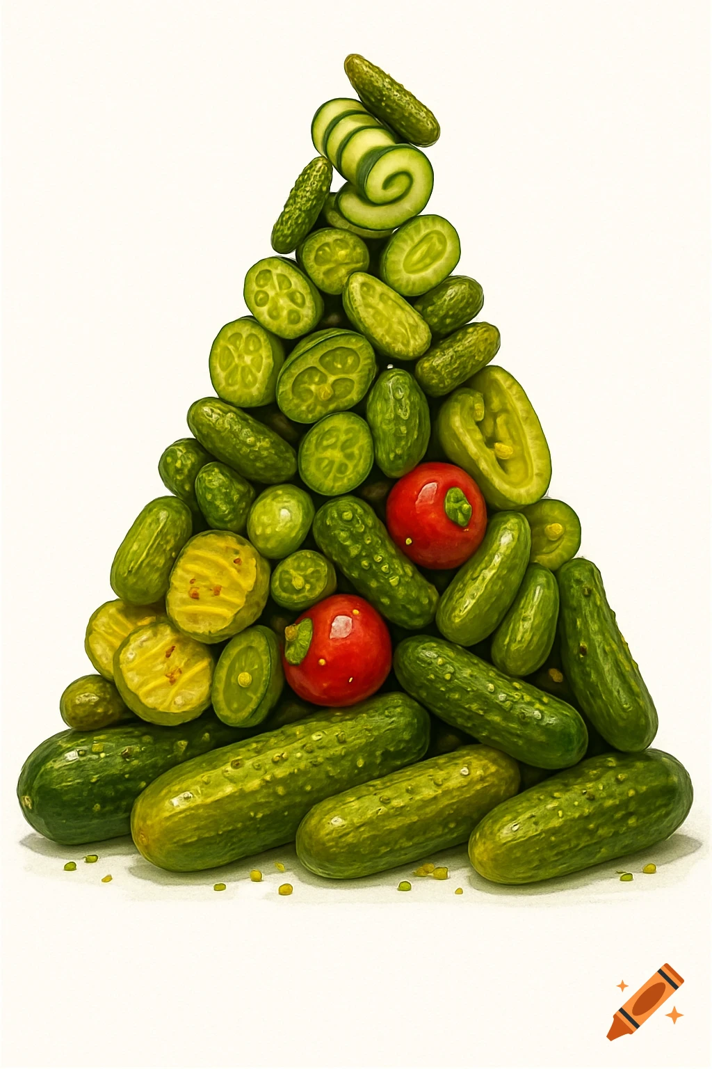 A pyramid-shaped pile of various green pickles, some whole and some sliced, with a few red round vegetables interspersed.