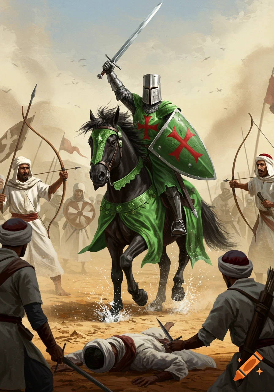 A crusader knight in green and red armor on a black horse raises his sword in a desert battle against Saracens.