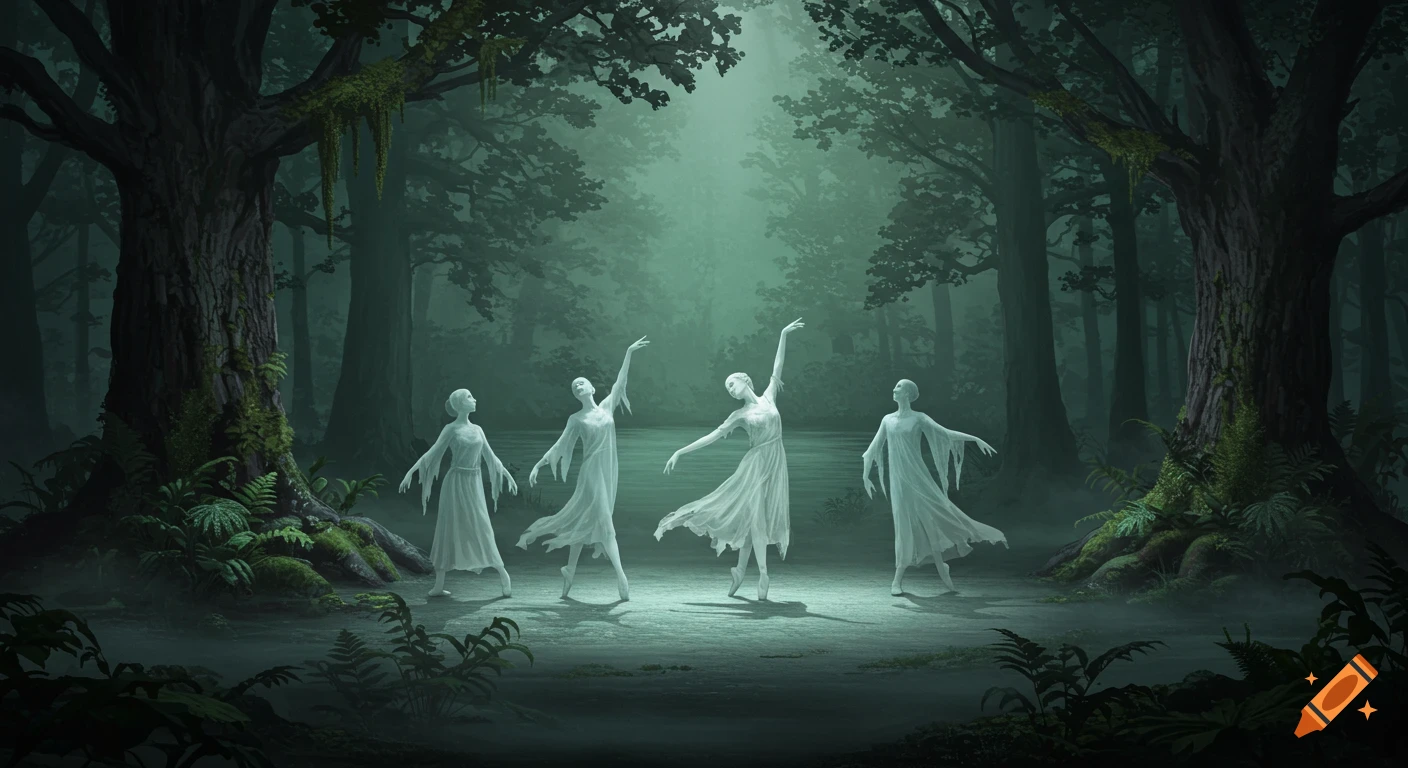 Four ethereal ghost figures in flowing white gowns dance gracefully in a dark, misty forest with ancient trees and ferns.