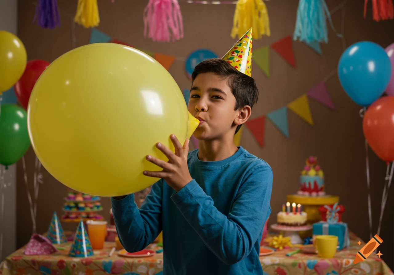 A boy wearing a party hat blows up a large yellow balloon at a birthday party, with colorful decorations and cakes in the background.
