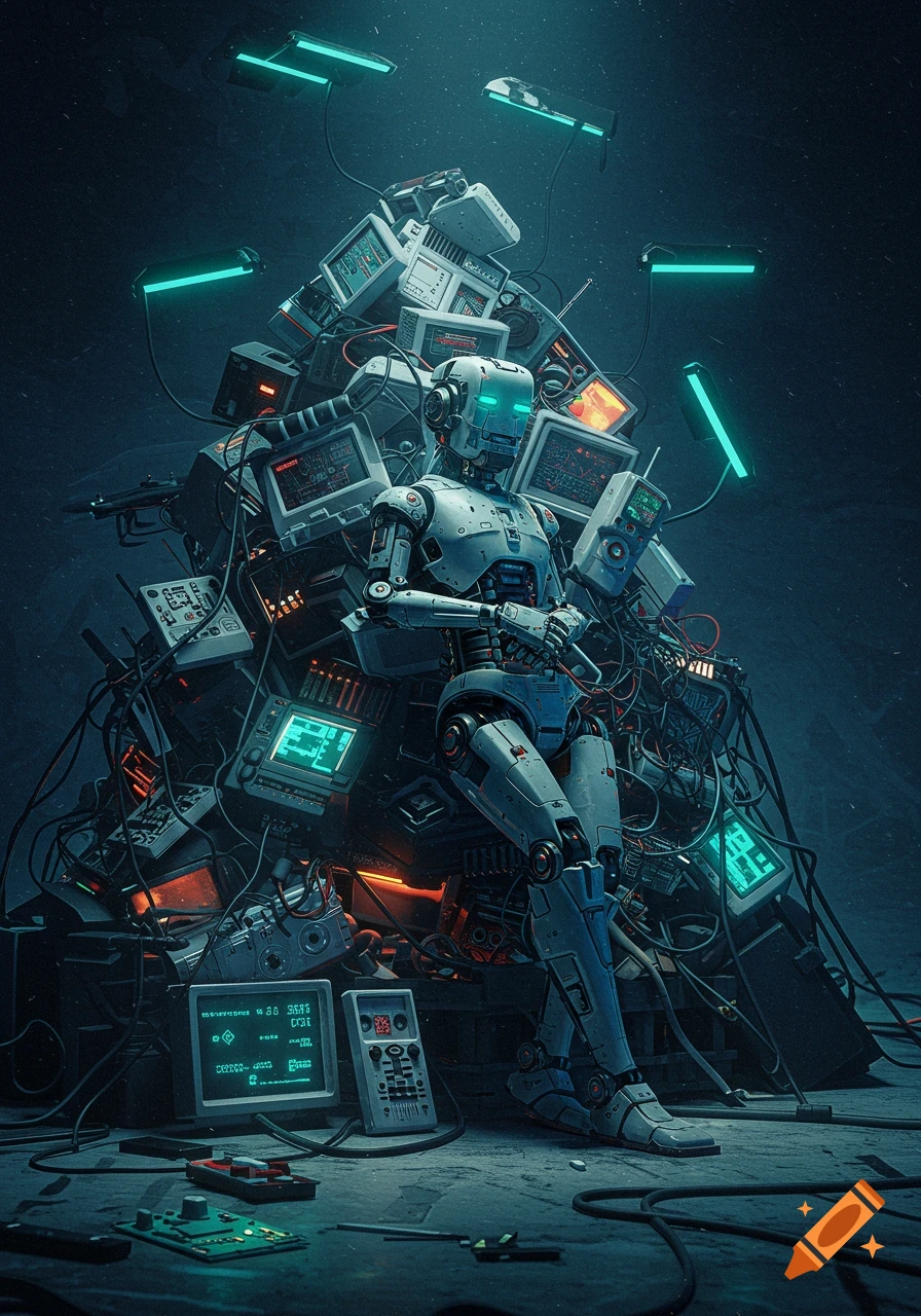 A white robot with glowing eyes leans on a towering pile of old computer monitors and wires in a dark, futuristic setting.