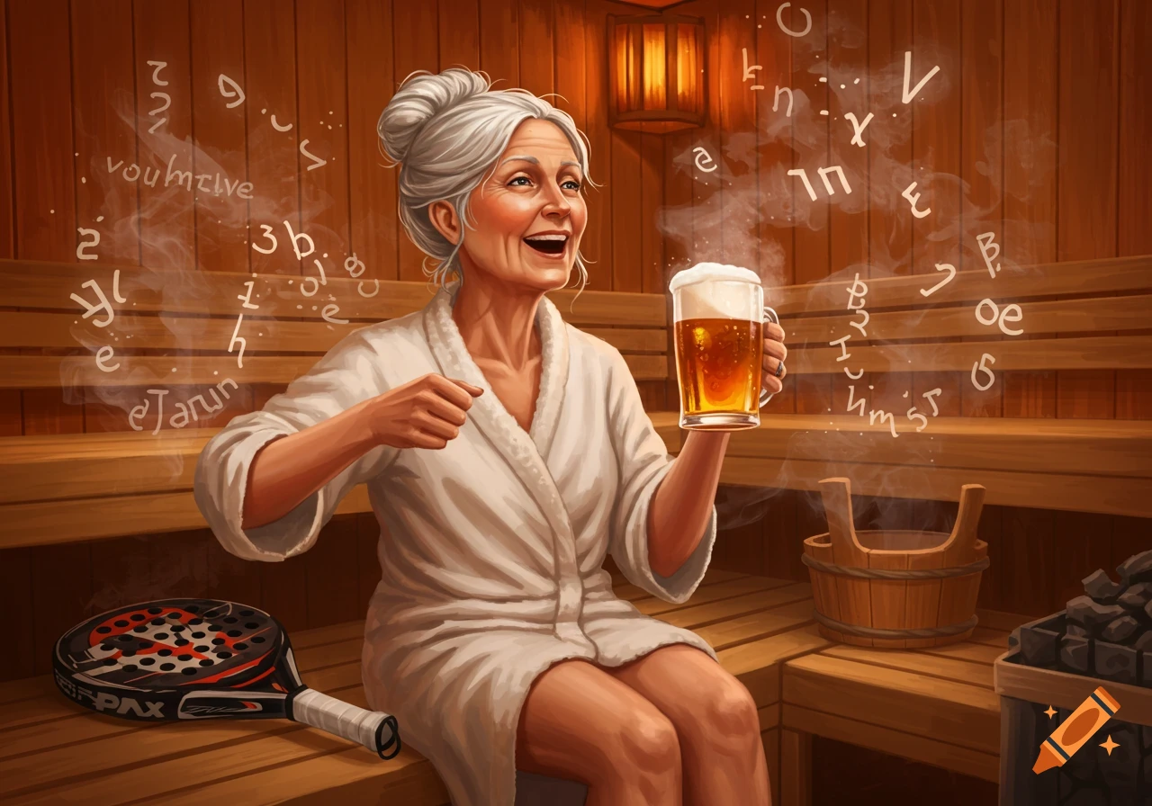 A smiling senior woman in a white bathrobe sits in a sauna, holding a mug of beer. Garbled letters float around her, and a padel racket rests on the bench.