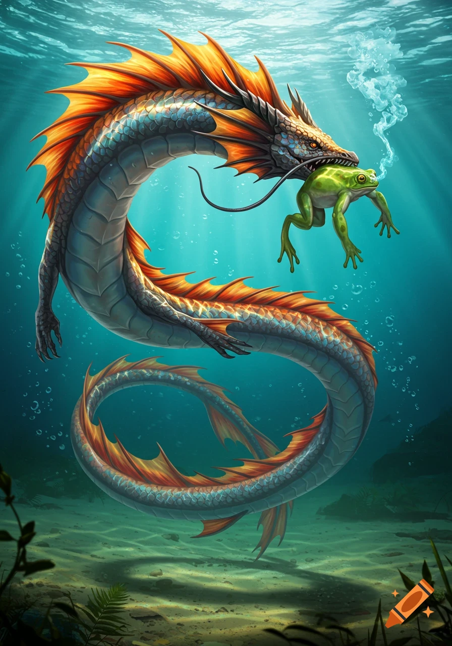 A vibrant, long-bodied fish dragon with orange fins and blue scales swims underwater, holding a green frog in its mouth.