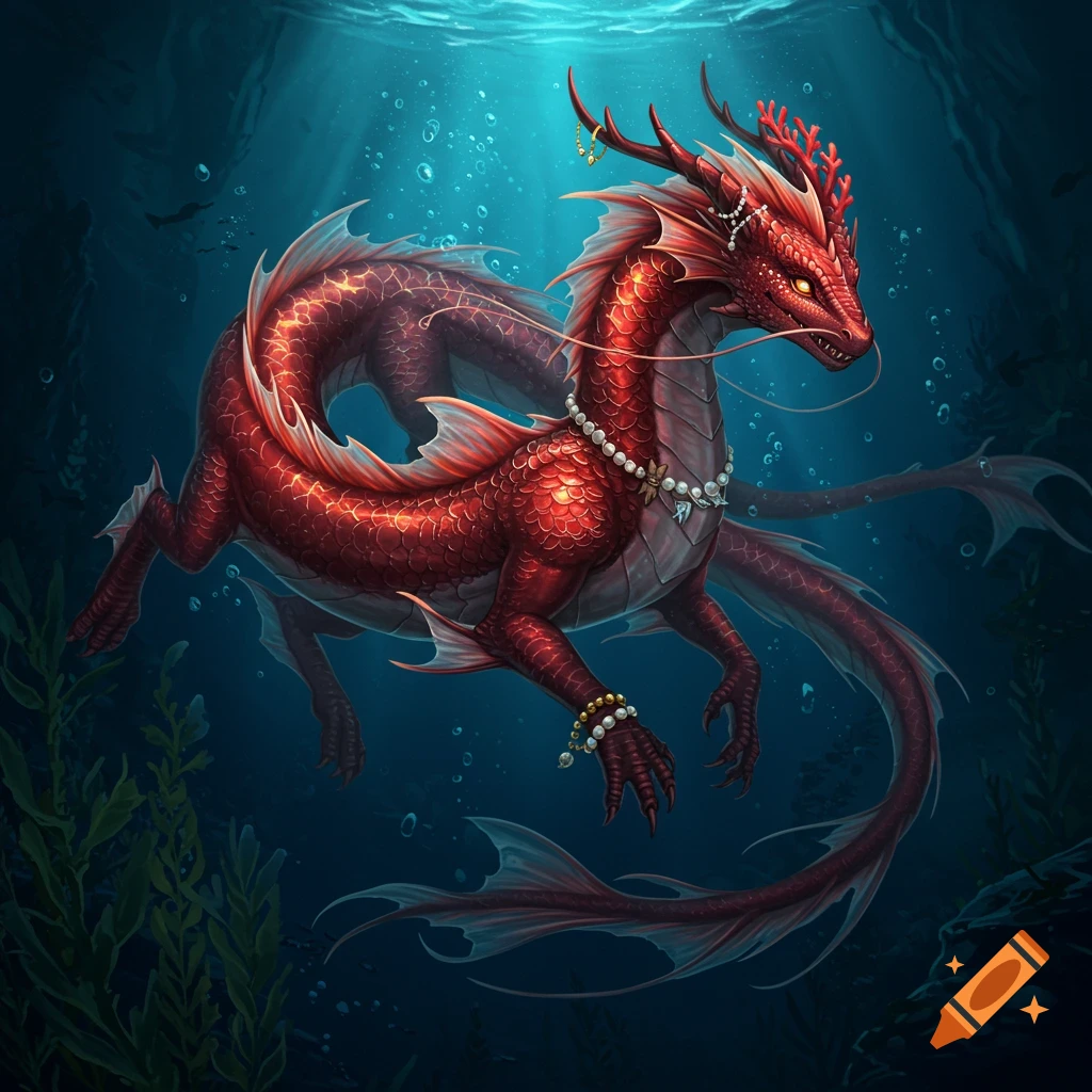 A majestic red semi-aquatic dragon with shimmering scales and pearl jewelry swims gracefully underwater among plants and bubbles.
