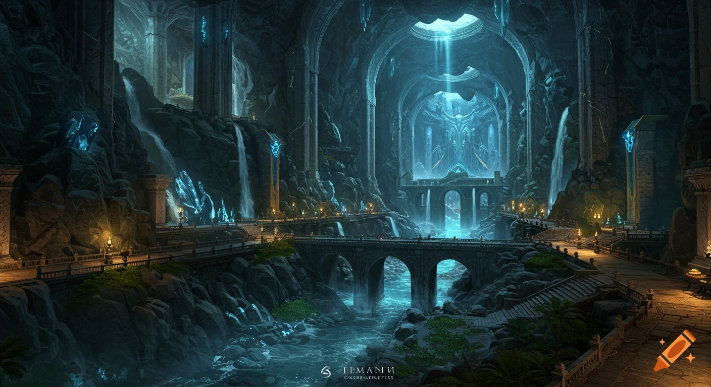 A vast, detailed fantasy underground city carved into a mountain with bridges, waterfalls, glowing blue crystals, and a river.