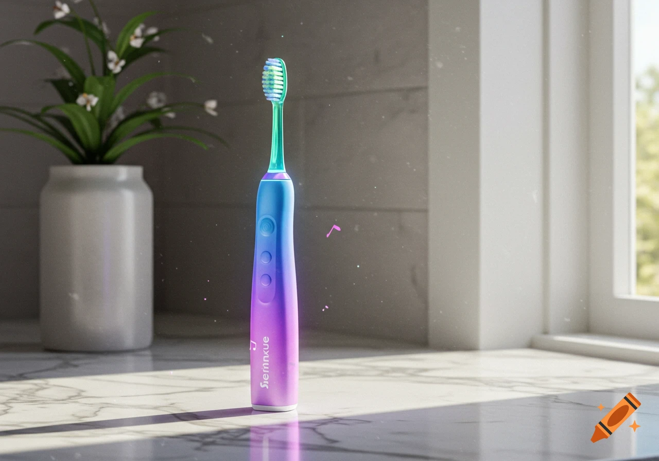 A vibrant, blue and purple electric toothbrush stands upright on a white marble counter next to a potted plant.