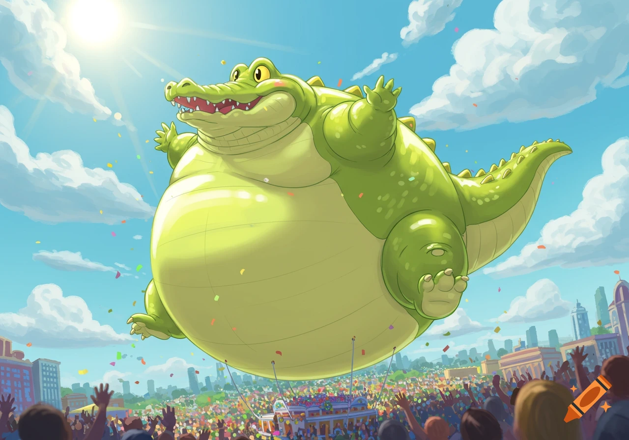 A giant cartoon alligator parade balloon floats above a city street filled with a cheering crowd and confetti under a bright blue sky.