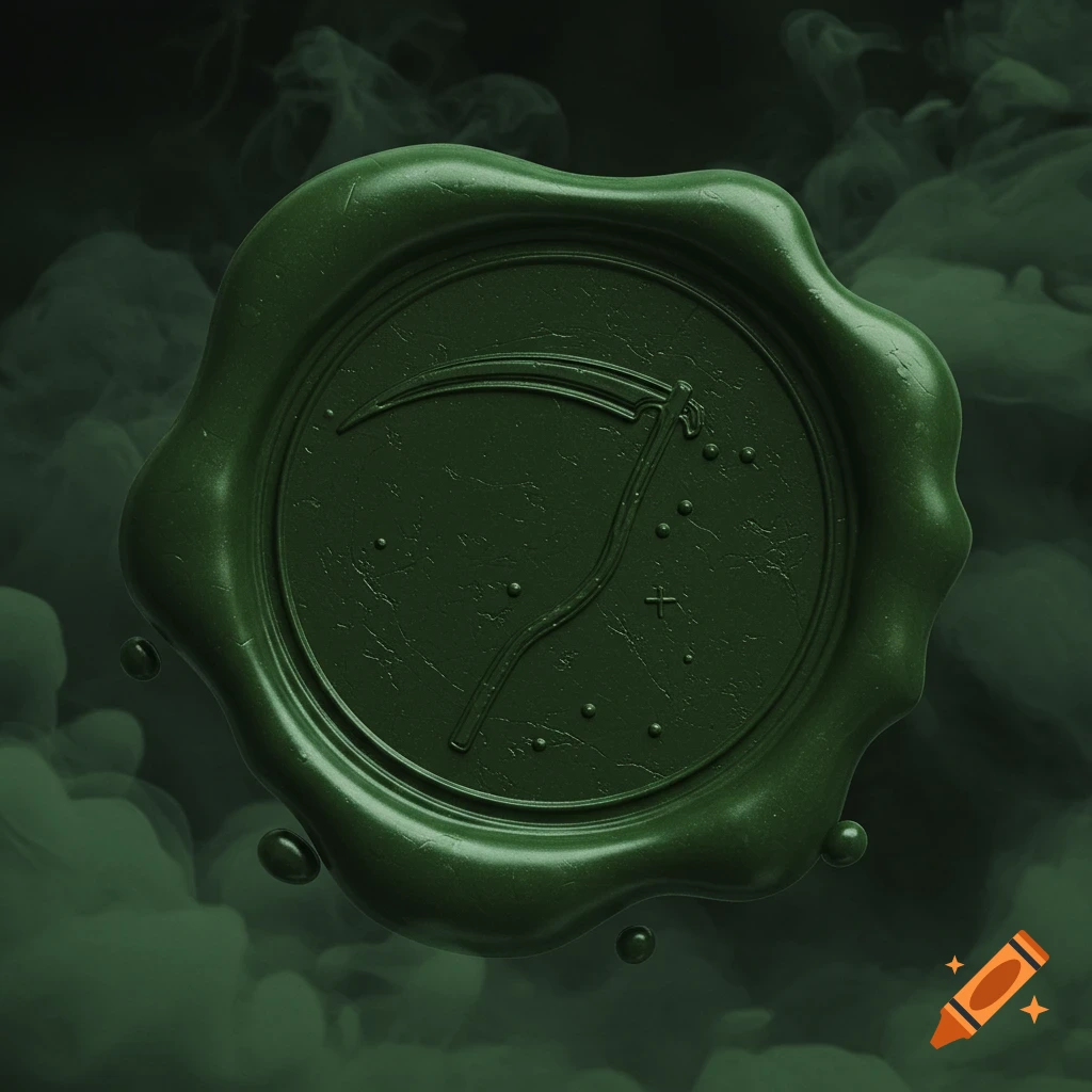 A dark green wax seal with a scythe embossed in the center, against a smoky green background.